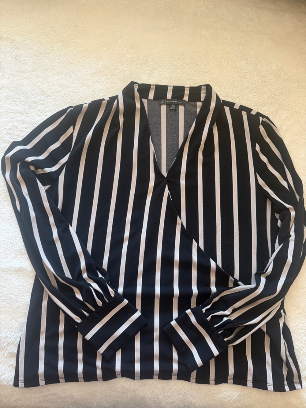 Adrianna Papell Black and White Vertical Stripe V-Neck Blouse